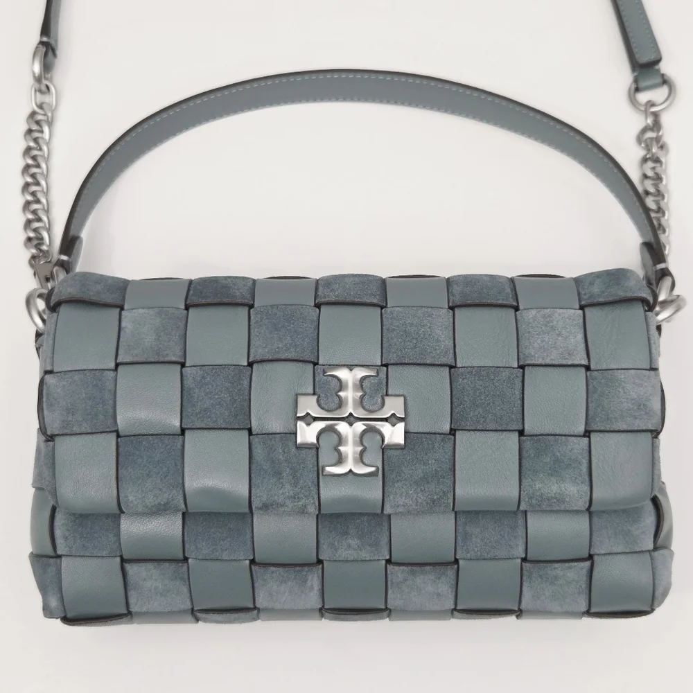 LIKE NEW TORY BURCH KIRA CHEVRON WOVEN SMALL CONVERTIBLE SHOULDER BAG - ARCTIC